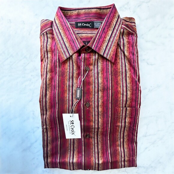 St Croix Vineyard Red Orange Striped Long Sleeve Cotton Dress Shirt - Men's XL - Picture 2 of 4